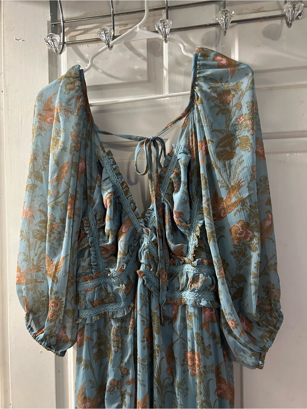 Free People Dusty Blue Floral Maxi Dress with Puff Sleeves - Picture 2 of 5